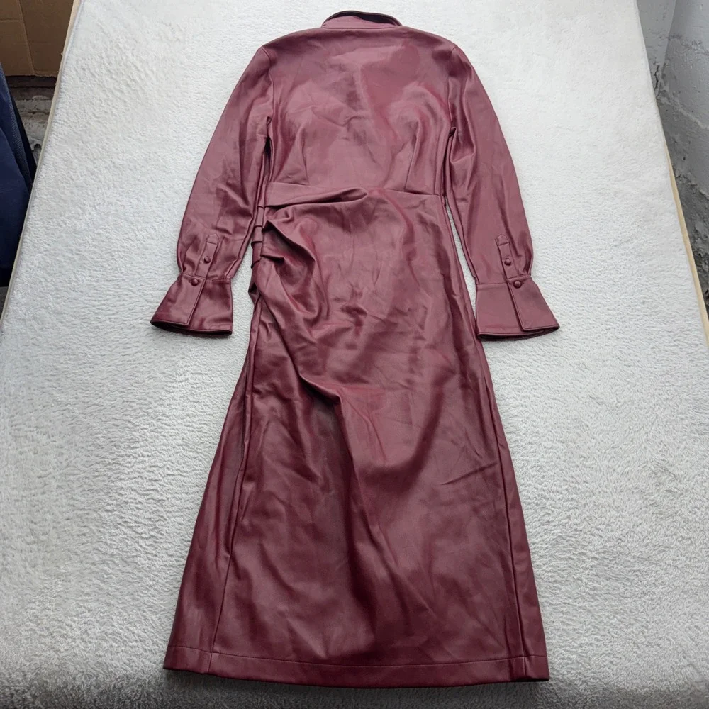7 For All Mankind Womens Faux Vegan Leather Ruched Midi Dress Burgundy Size S